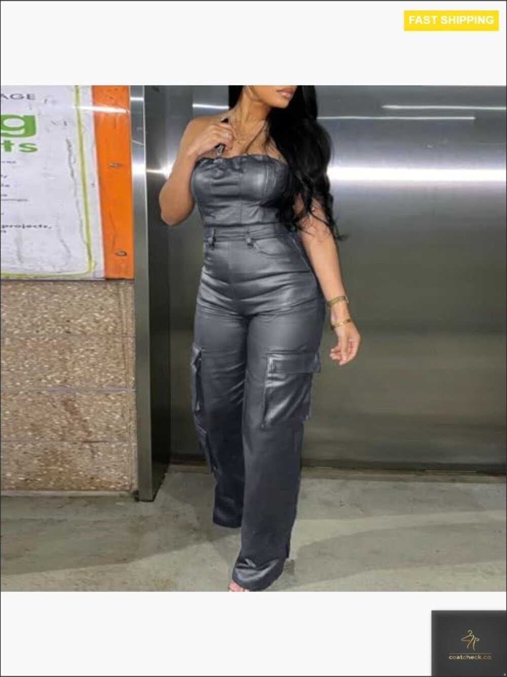 Sexy Off Shoulder PU Leather Jumpsuit Slim Fit Cargo Pants Bodysuit Y2K - Picture 2 of 4